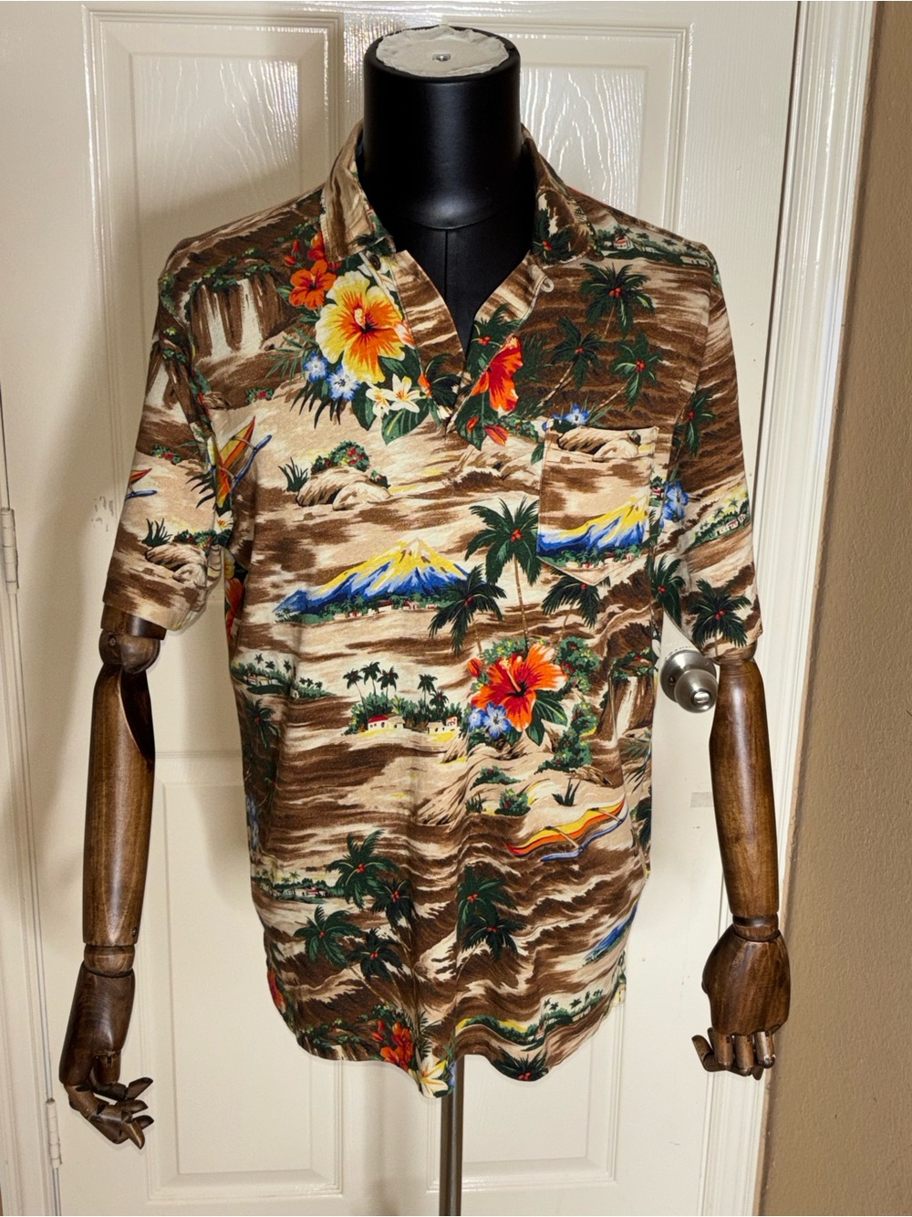 Polo Ralph Lauren Brown TROPICAL PRINT Cotton Linen Blend Collared Polo Shirt - Picture 5 of 9